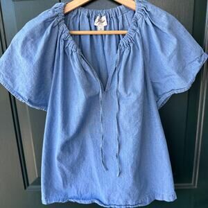 J. Crew Chambray Peasant Top S Puff Sleeve Tie Neck Blouse Cottagecore